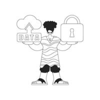 Guy holding cloud logo in linear style. an icon of the Internet of Things vector