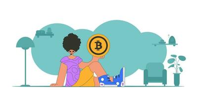 The guy is holding a bitcoin. Cryptocurrency concept. vector