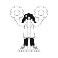 Girl holds gears in her hands linear vector illustration.