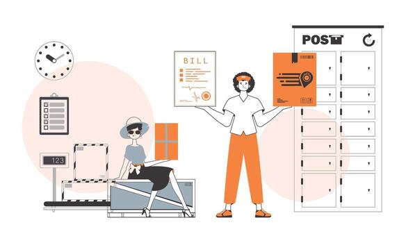 Team for the delivery of goods and parcels. Linear style. vector