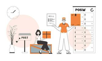 The guy and the girl delivers parcels and cargo. Linear modern style. vector
