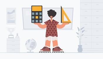 A cartoon character holding a calculator and a pencil vector