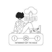 Guy displaying logo of cloud storage for IoT, in linear vector illustration