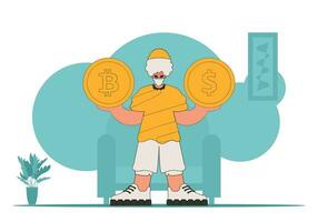 A man is holding a coin of bitcoin and dollar. Theme of interaction with digital monetary assets. vector