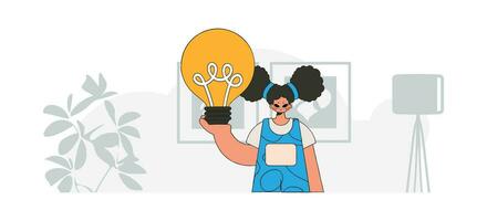 Fashionable girl holds a light bulb in her hands. Illustration on the theme of the appearance of an idea. vector