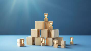 Many wooden cubes with people symbols and one with a lightbulb symbol on blue background. AI Generative photo