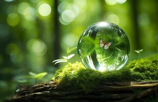 Butterfly and Crystal ball on a tree stump in the forest, natural green background. Generative AI photo