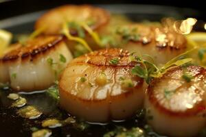 Closeup of pan seared diver scallops with lemon beurre blanc. Generative AI photo