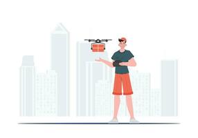 A man controls a drone with a package. Delivery concept. Vector illustration.