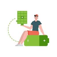 A man sits on a battery and holds a solar panel in his hands. Green energy concept. Isolated. Vector. trendy style. vector