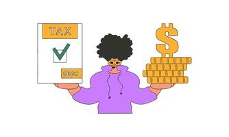 Stylish man holding tax form and coins in his hands. The topic of paying taxes. vector