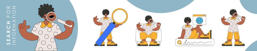 Set of character illustration for information search theme. Collection of scenes with a short guy holding a magnifying glass and looking for information. Linear retro style character. vector