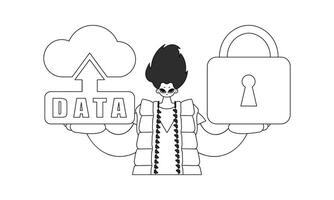 A man grasping a logo symbolizing cloud storage for the Internet of Things, done as a vector line art image