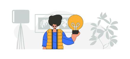 An elegant guy is holding a light bulb. Illustration on the theme of the appearance of an idea. vector