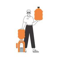 Water delivery concept. A man with a large bottle of water in his hands. Linear modern style. vector