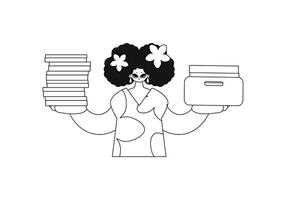 Girl stacks paperwork. Drawn in linear style. Vector art.