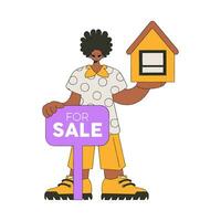 Male realtor holding a house. House ownership. vector