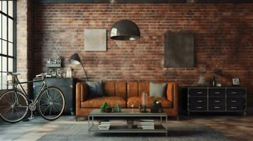 Generative AI, Industrial Living Room Exposed Brick, Concrete, and Metal Accents photo