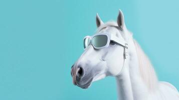 generativo ai, frio equino vibraciones un caballo deportivo elegante Gafas de sol en un pastel antecedentes foto