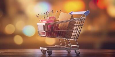 E-Commerce Shopping Cart with Multiple Products. A Sunlit Abstract Background. E-commerce concept. AI Generative photo