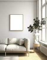 Mockup frame in contemporary Scandinavian living room interior, 3d render. AI Generative photo