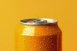 Can of fresh soda with water drops on orange background, closeup. Generative AI photo