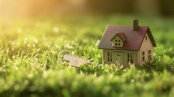 Copy space of home. Small model home on green grass with sunlight. AI Generative photo
