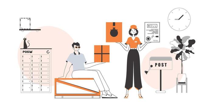 Guy and girl delivers cargo and parcels. Line art style. vector