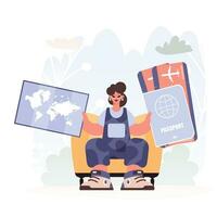 Travel of Organize. Plenteous lady with Around the world id and Talk around Tickets. vector