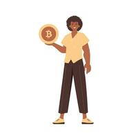 un hombre sostiene un bitcoin en su manos. personaje con un moderno estilo. vector