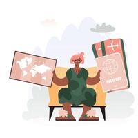 An african woman sitting on a couch holding a passport and a map vector