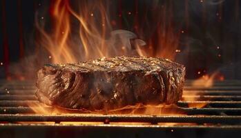 Beef steak on the grill with smoke and flames. AI Generative photo