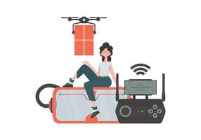 el concepto de carga entrega por aire. un mujer control S un quadcopter con un parcela. aislado. de moda estilo. vector. vector