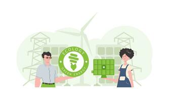 Woman and Man and solar panel. Eco energy concept. Vector illustration.