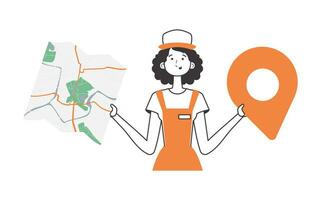 The woman is holding a map. Delivery concept. Linear style. Isolated, vector illustration.