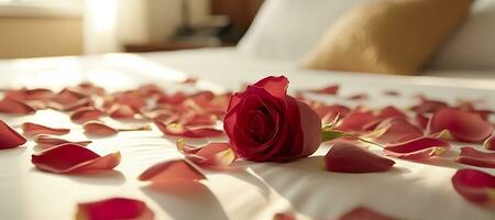 Rose on the bed in the hotel rooms. Rose and her petals on the bed for a romantic evening. honeymoon concept.  AI Generative photo