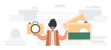 The individual holds a camera and photos in his hands. The concept of rest and travel. Trendy style, Vector Illustration