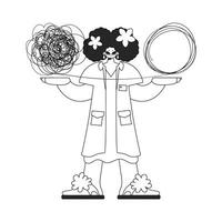 Competent Woman doctor demonstrates confused thoughts. Theme of psychology. Linear black and white style. vector