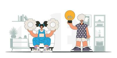 Fashionable guy and girl generates ideas and solves problems. Light bulb and gears in their hands. Illustration on the theme of the appearance of an idea. vector