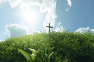 The cross of God with green Leaf, in the rays of the sun and blue sky. Cross on the hill with green trees and graeen natural view. Religious concept, AI Generative photo