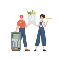 A male courier holds a package with groceries. Delivery concept. Isolated. Cartoon style. Vector. vector
