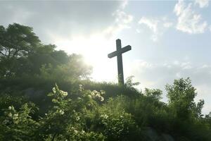 The cross of God with green Leaf, in the rays of the sun and blue sky. Cross on the hill with green trees and graeen natural view. Religious concept, AI Generative photo