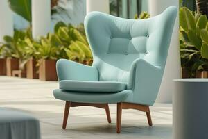 Photo of a modern light blue color armchair alone in the tropical background, AI Generative