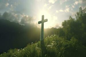 The cross of God with green Leaf, in the rays of the sun and blue sky. Cross on the hill with green trees and graeen natural view. Religious concept, AI Generative photo