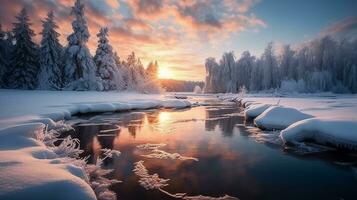 generativo ai, invierno felicidad un sereno cubierto de nieve paisaje foto