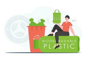 el concepto de ecología y cuidado para el ambiente. un hombre se sienta en un botella hecho de biodegradable el plastico y sostiene un eco bolso en su manos. Moda tendencia vector ilustración.