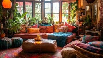 Generative AI, Bohemian Oasis A Colorful and Eclectic Living Room photo