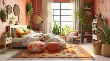 Cozy rustic bedroom with boho ethnic decor. Large windows. Double wooden bed  with many pillows and handmade textiles. Wooden furniture. Plants in the  interior. Nobody. Large windows in appartment. Stock Photo