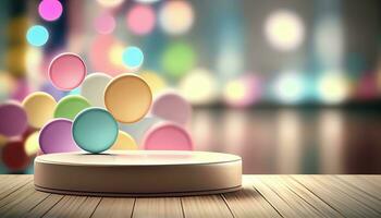 Generative AI, Product Display Stand on Soft Pastel Bokeh Background for Presenting and Showcasing Any Product with Style and Elegance photo