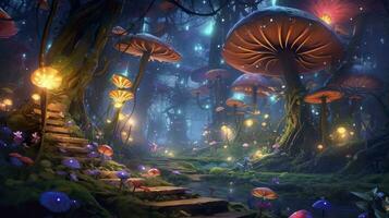 background fairy wood with a single path, zoom on a small portion of the path and add trees, moss, fireflies and mushrooms as additional decorations. AI Generative photo